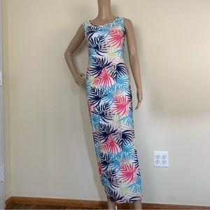 Women’s Sleeveless Floral Palm Printed Bodycon Stretchy Maxi Dress- Size Medium